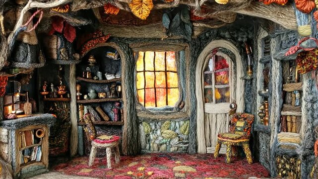 Detailed miniature room, autumnal colors, intricate textures