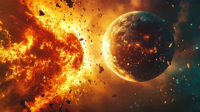 Two planets colliding causing debris and bright explosions in deep space