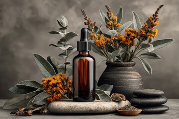 Amber Dropper Bottle with Floral Composition on Stone Background