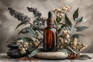 Amber Dropper Bottle with Floral Composition on Stone Background