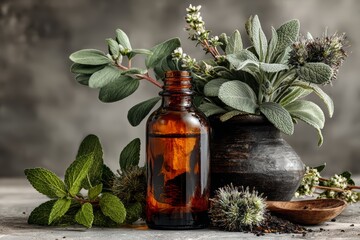 Amber Dropper Bottle with Floral Composition on Stone Background