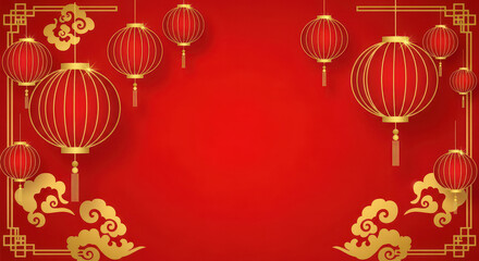 Traditional Chinese background with red and gold lanterns for festive celebrations. Vibrant red backdrop adorned with decorative elements and elegant lanterns.