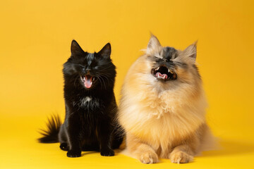 A pair of kittens, black and beige, sitting closely on a bright yellow backdrop