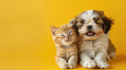 Golden retriever puppy and kitten cuddling on a yellow background