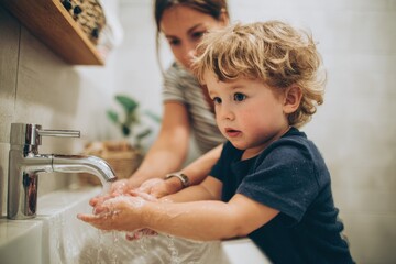 Toddler Washing Hands. Youthful Hygiene: Little Boy Learning to Wash Hands with Mom's Help