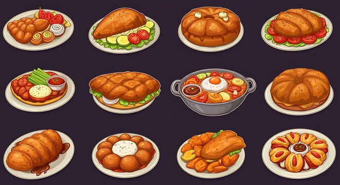 A collection of twelve delicious and appetizing food items, including sandwiches, pastries, and savory dishes, presented on plates.