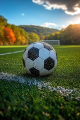 Fototapeta premium A classic black and white soccer ball on a lush green field, with the goal post in the background