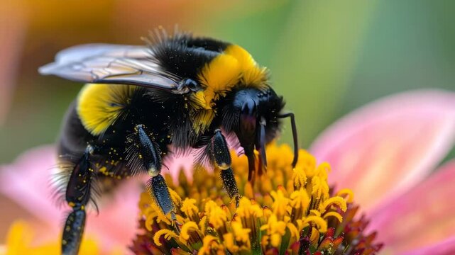 A close-up image captures the industrious bee diligently gathering pollen from a vibrant flower, a vivid tableau of nature's beauty and the bee's vital role in pollination. 