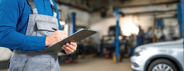 The mechanic taking notes in a modern automotive workshop setting.