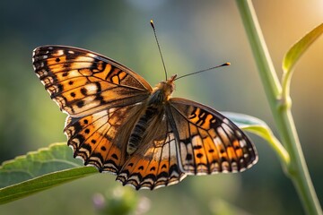 Obraz premium Orange black patterned butterfly on green plant stem insect wings