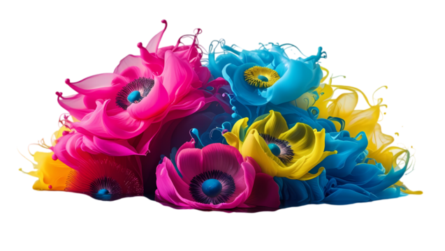 Vibrant abstract swirls of pink blue and yellow ink exploding in water isolated on transparent background