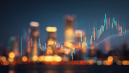 Financial market data overlaid on a blurred city skyline at night