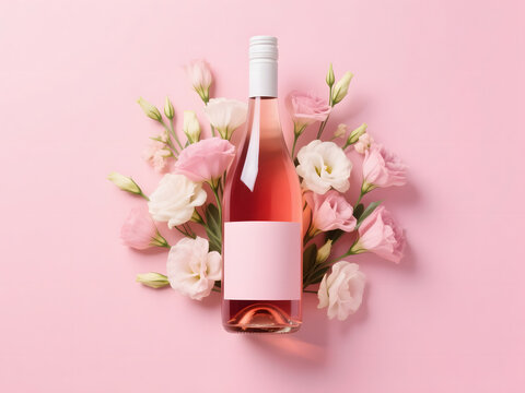Centered rosé wine bottle with floral accent on light pink background and soft natural composition