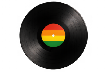 Black vinyl record with colorful rainbow label isolated on transparent background, representing music, diversity, and pride