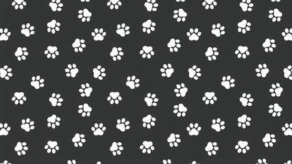 Seamless white paw print pattern on a dark gray background. Ideal for pet-themed designs