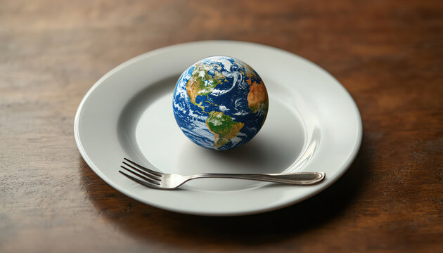 A small globe on a white plate with a fork, concept representing world hunger and food scarcity