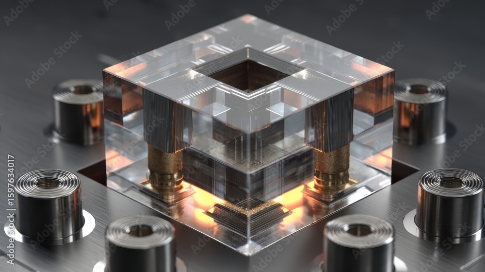 Poster transparent microchip with internal circuitry housed in a clear cubic casing, surrounded by metallic