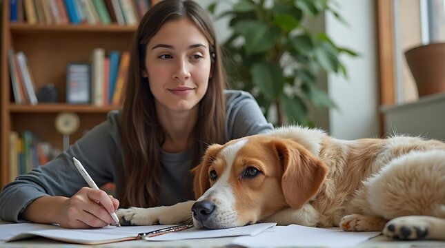 A young woman thoughtfully working at a desk with her loyal dog resting beside her, surrounded by books and a plant.