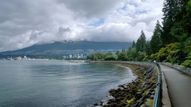 Vancouver Stanley Park: Seawall Breakwater along the Beautiful Ocean of British Columbia