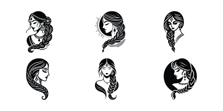Black & White Line Art: Elegant Woman Portraits with Braids, Bohemian Style Illustrations for Logo Design & Beauty Branding