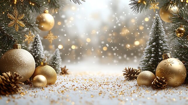 Elegant christmas scene with golden ornaments snowfall and festive pine tree decorations