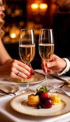 Obraz premium Two Hands Holding Champagne Glasses in a Romantic, Candlelit Dining Setting