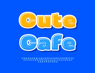 Vector Funky signboard Cute Cafe. Glossy Blue Font. Bold Cool Alphabet Letters and Numbers set.