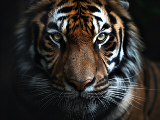 Fototapeta premium Close-up of Tiger Face with Intense Gaze and Striking Stripes