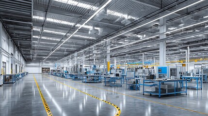 Modern factory interior with assembly tables and equipment. Industrial automation cyber-physical systems concept. .