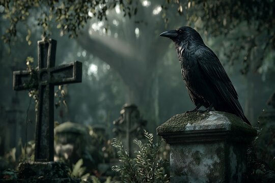 Black raven perched on mossy stone in misty graveyard
