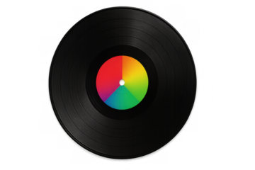 Black vinyl record with a bright, multicolored label, isolated on a transparent background, representing music, nostalgia, and vintage audio technology