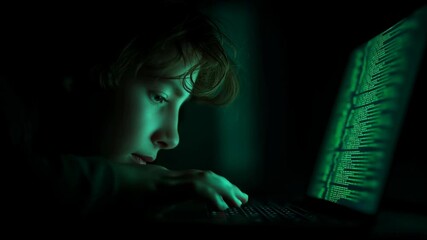 Close-up video of curious child looking into glowing laptop screen at night in green light for tech education, digital safety, or early coding content - Powered by Adobe