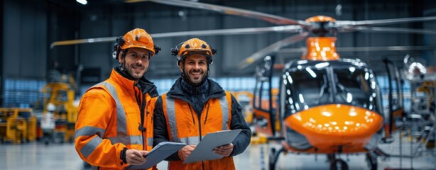 The skilled workers inspecting a helicopter in a modern aviation facility.