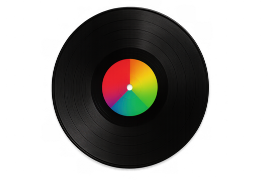 Black vinyl record with a bright, multicolored label, isolated on a transparent background, representing music, nostalgia, and vintage audio technology