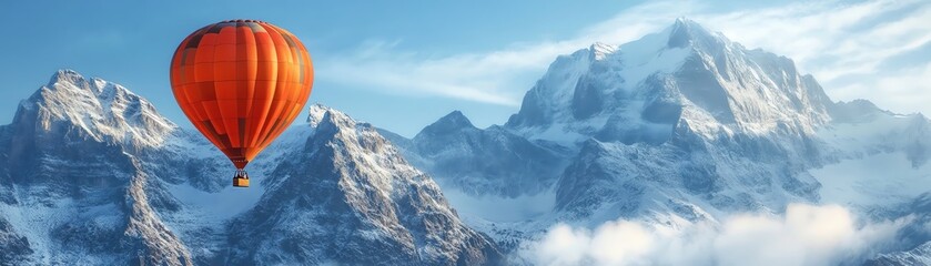 Obraz premium Lone hot air balloon over snowcapped mountains, crisp air, majestic, panoramic