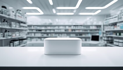 Empty white display podium in a modern pharmacy