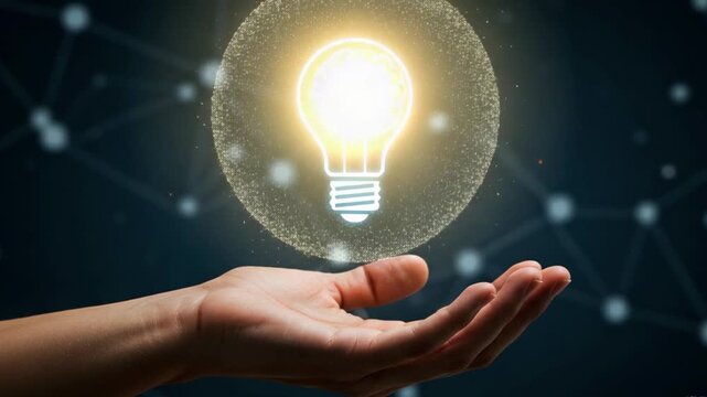 Businessman presenting a lightbulb with a brain hologram, symbolizing creative intelligence and innovative thinking on a futuristic blue bokeh background.


