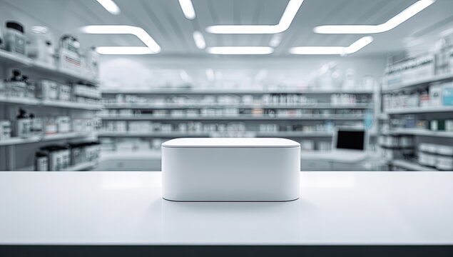 Empty white display podium in a modern pharmacy - Powered by Adobe