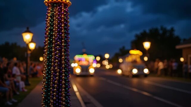 Colorful Mardi Gras beads on street lamp &ndash; Vibrant festival celebration, nighttime parade atmosphere