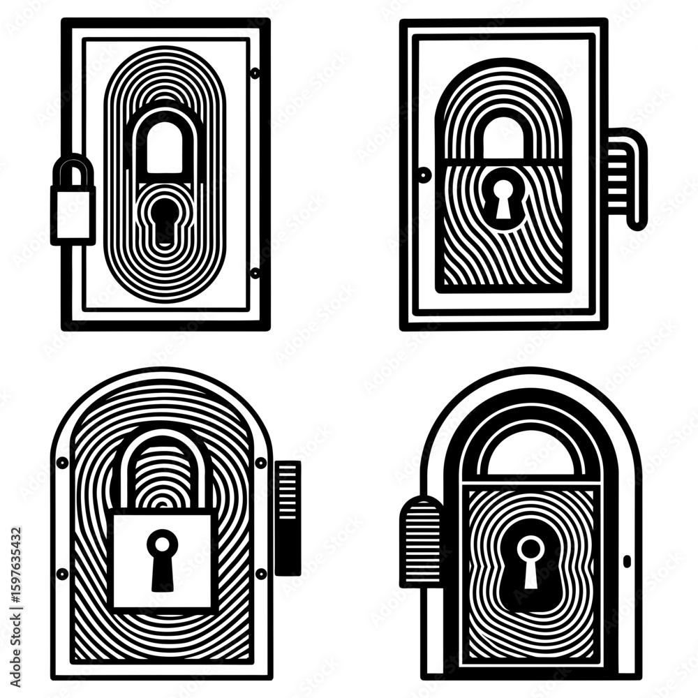 Poster four stylized lock icons with fingerprint patterns in black and white security themed graphic design