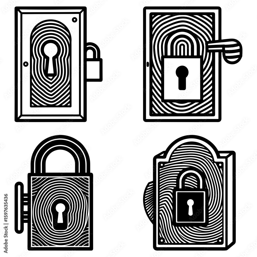 Poster four security icons featuring fingerprint patterns on locks and door hardware in black and white sty