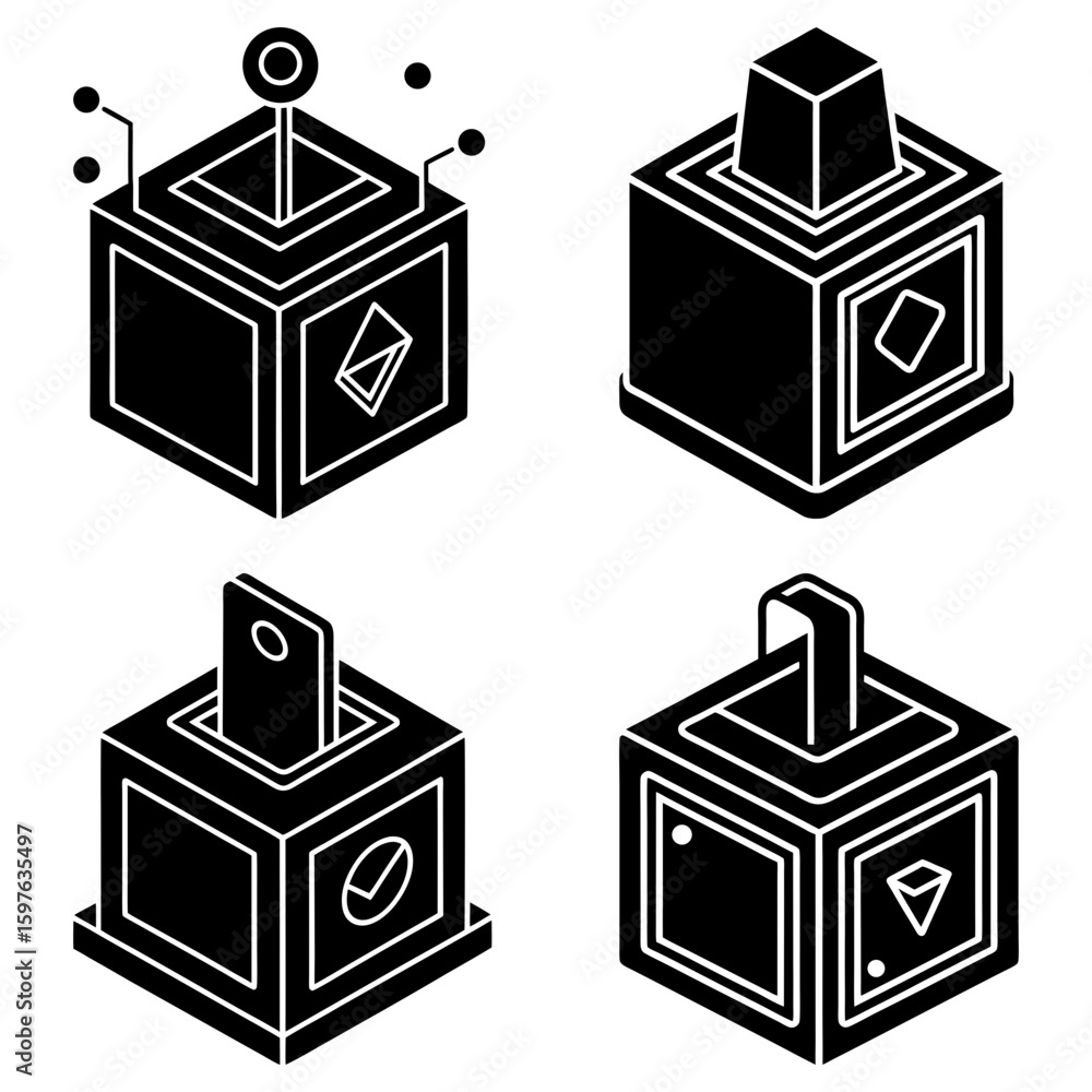 Poster four isometric black boxes each with a unique top and symbol displayed on the side of the box design