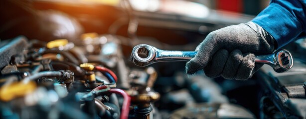 The mechanic holding a wrench inside an engine bay for vehicle maintenance.