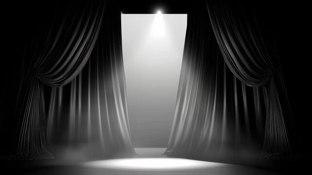Spotlight beams down on a darkened stage as black curtains opening, ready for a performance to begin in an auditorium atmosphere