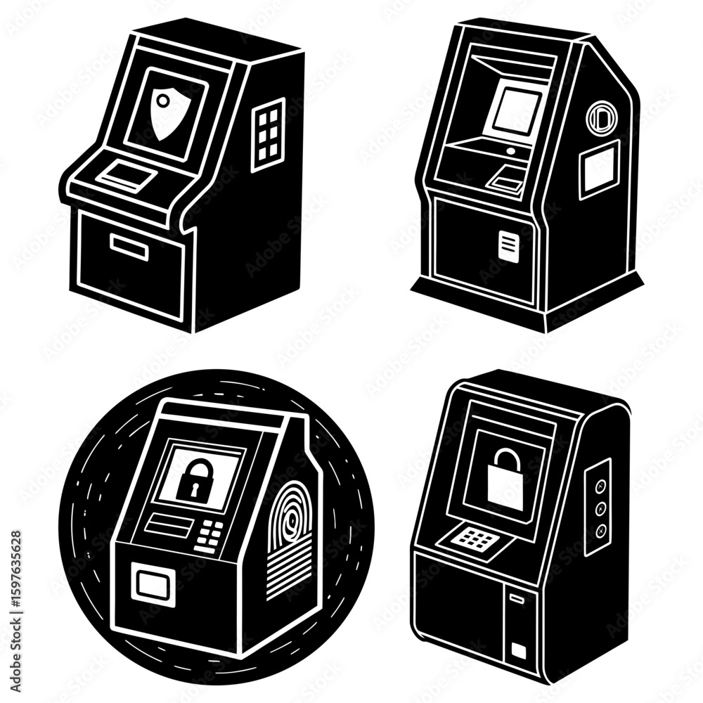 Poster four atm machines in black and white with security features and different design variations shown he