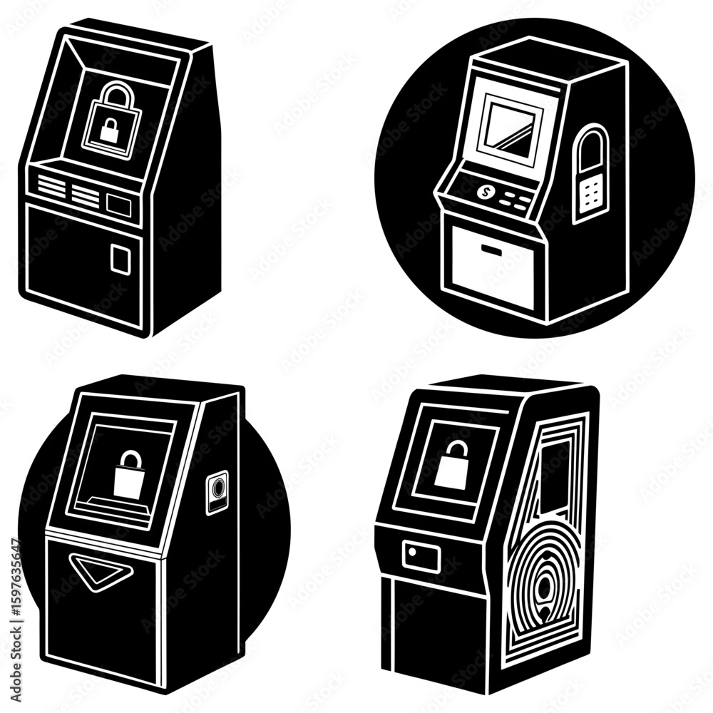 Poster four black and white atm machines with locks displayed on their screens in a vector format
