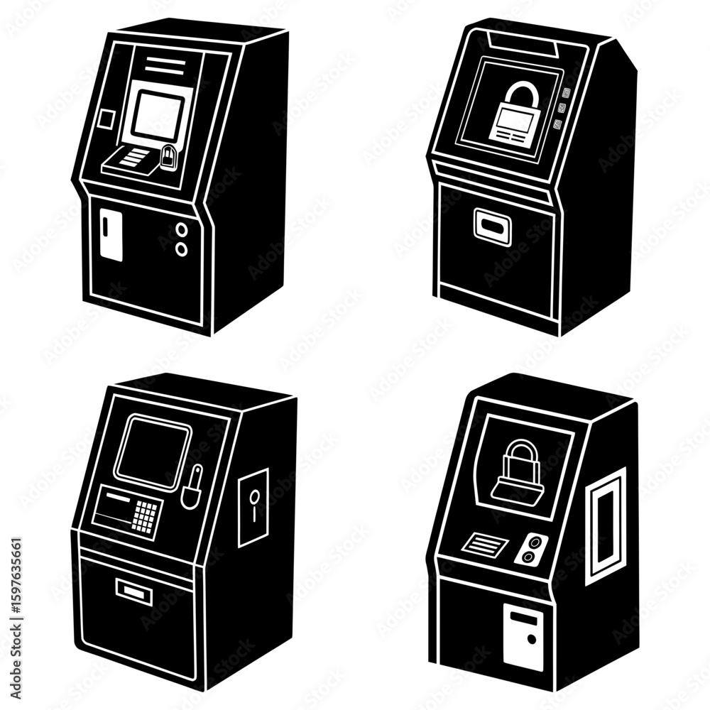 Poster four black and white atm machines with different screen displays on a white background in a simple s