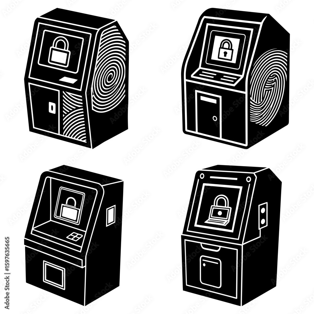 Poster four black and white illustrations of atm machines with fingerprint and lock screen security feature