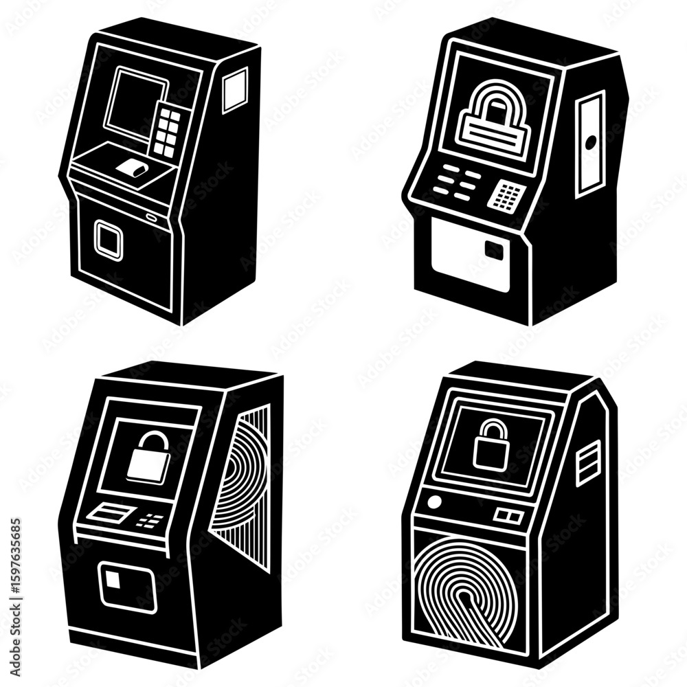 Poster four atm machines in black and white with security lock and keypad for financial transactions and ba