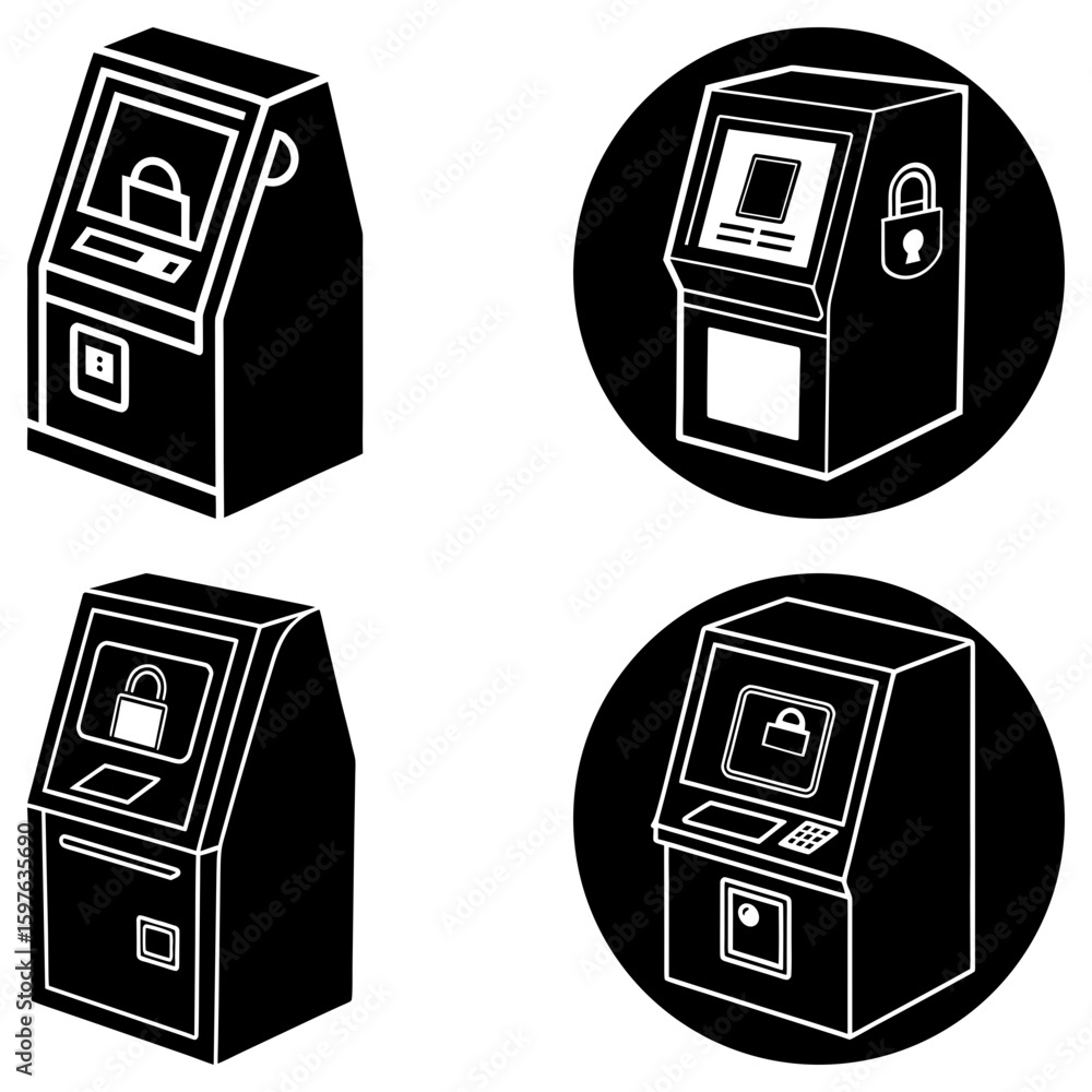 Poster four atm machines depicted in black and white with security locks and various screen configurations 